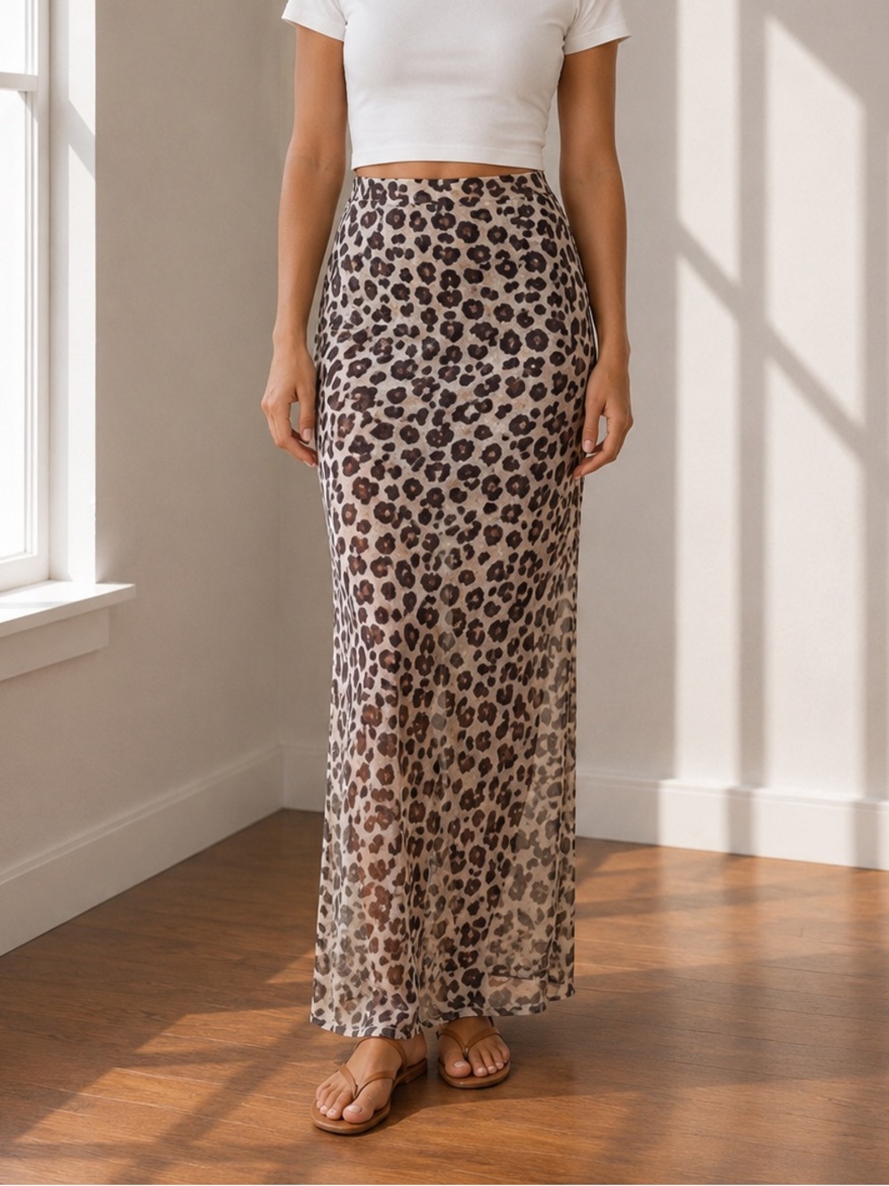 Leopard Print Maxi Skirt Built-In Slip Size Medium
